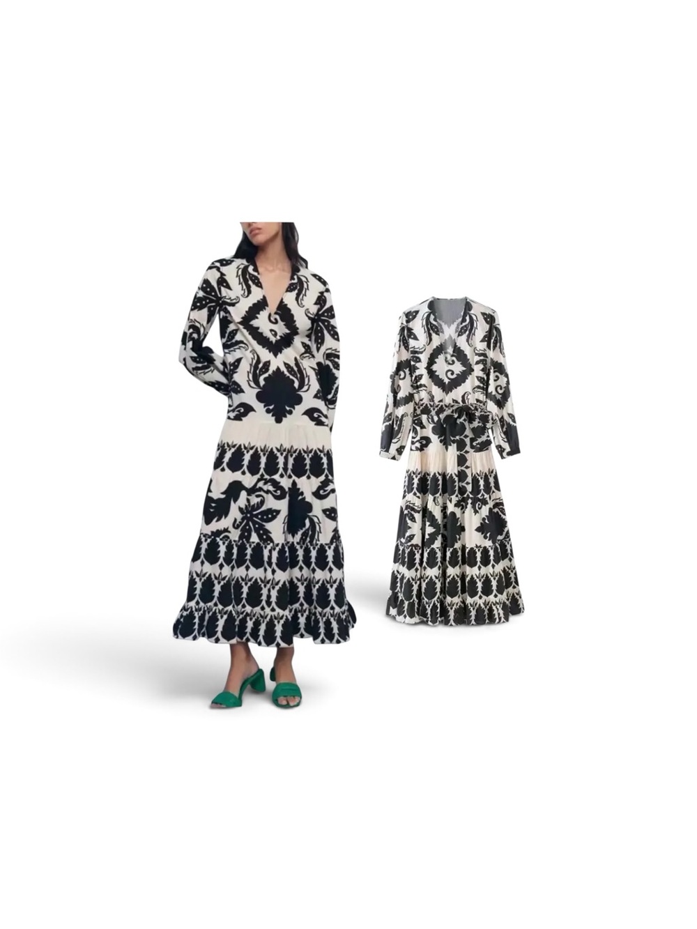 Zara Black and White belted V‑Neck Maxi Dress size L